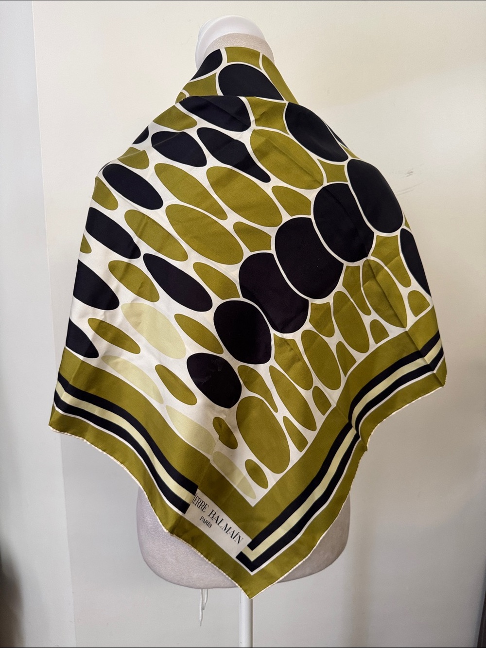 Pierre Balmain Paris vintage silk scarf moss green black off white